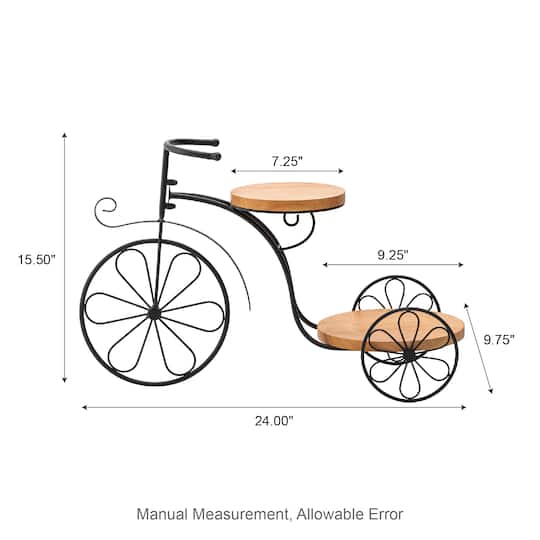 Glitzhome® 24" Black Metal Tricycle Planter Stand with Solid Wood Tray